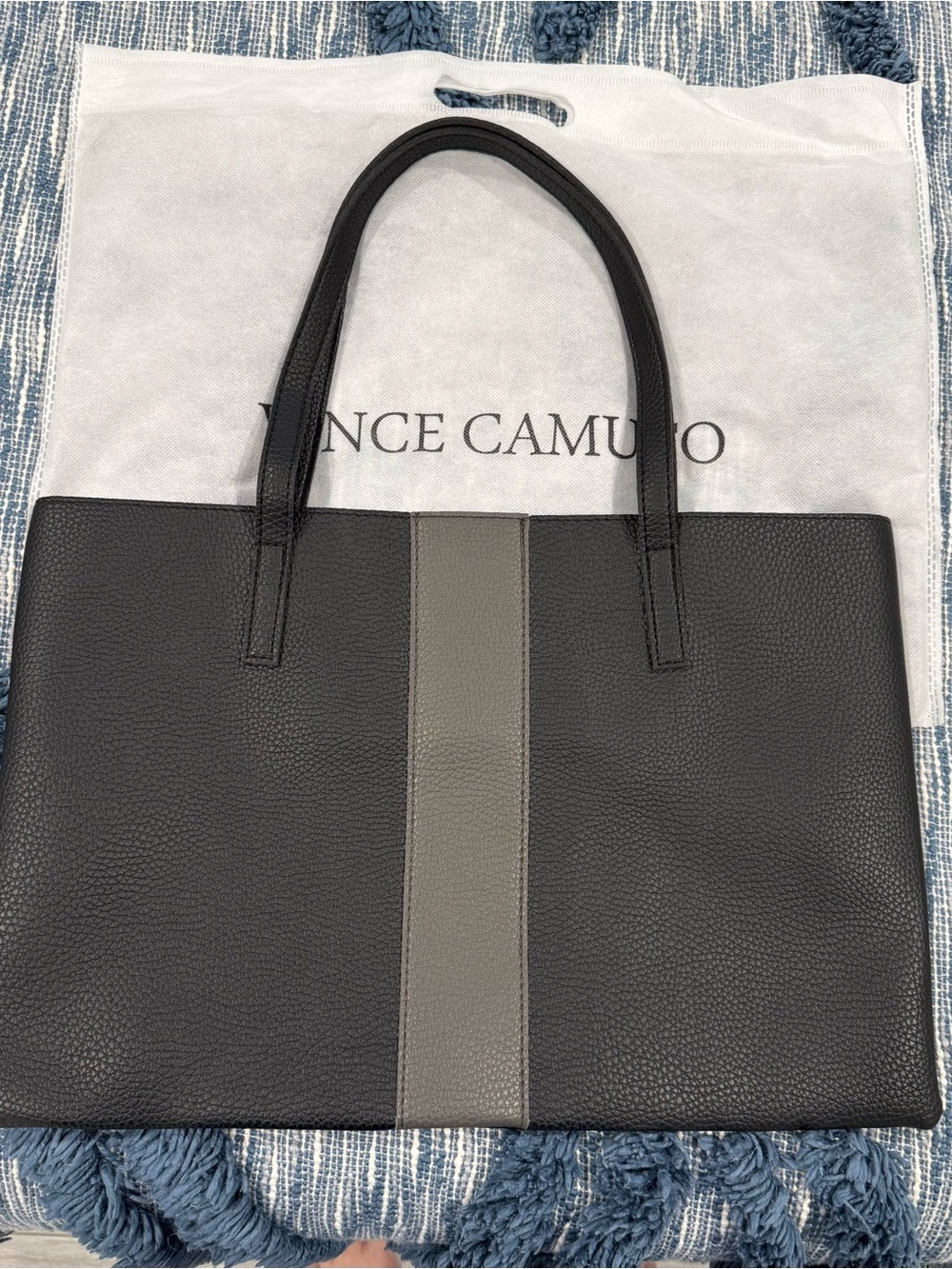 Vince Camuto Black Leather Tote with Gray Center Panel